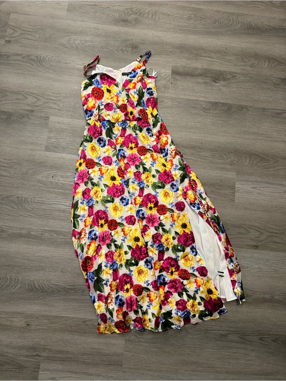 Boston Proper White Floral Maxi Dress with Yellow, Pink & Blue Blooms